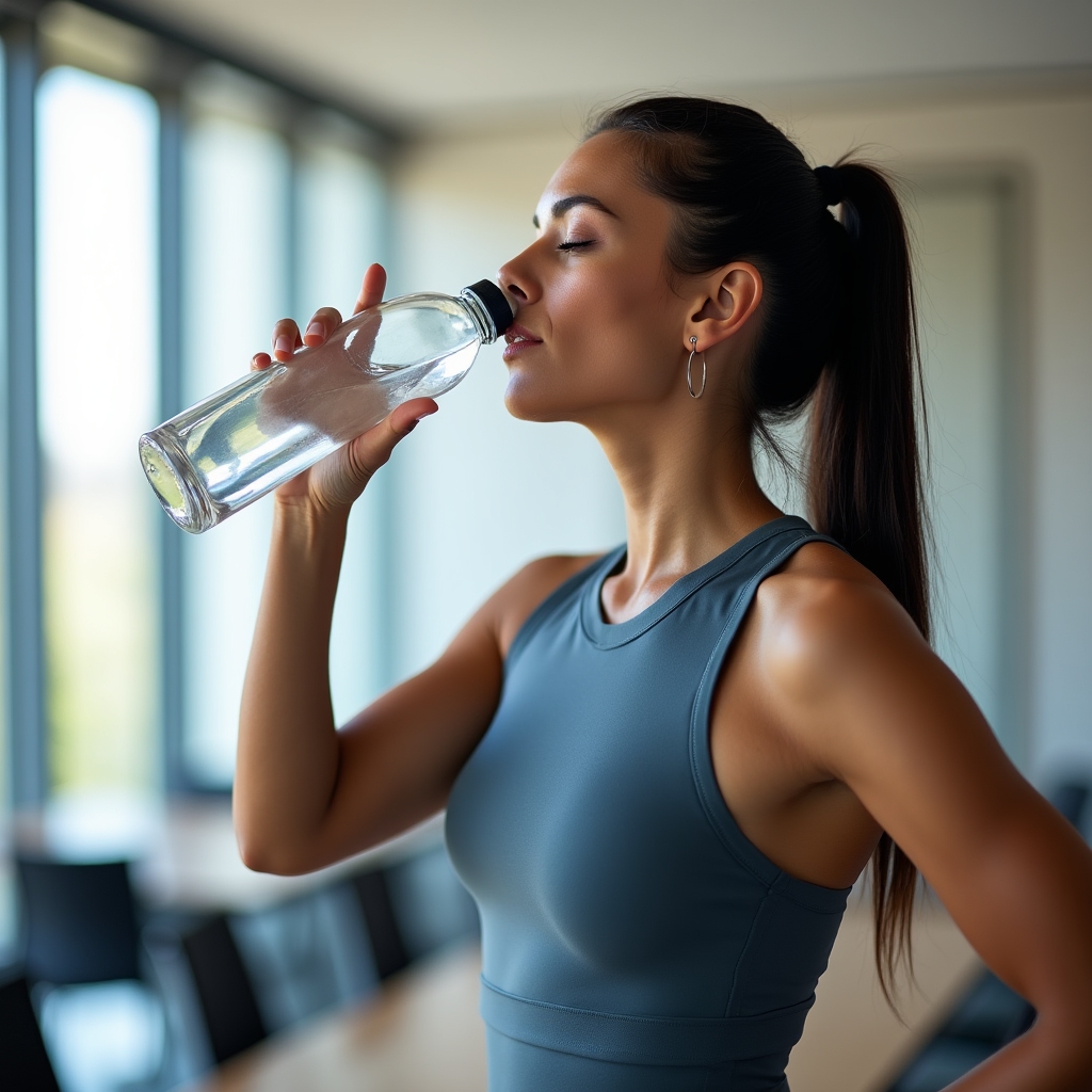 Active adult drinking water during a wellness training session