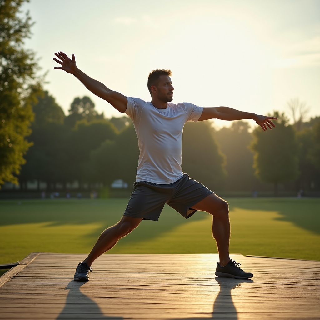 Active adult performing morning recovery stretch routine outdoors